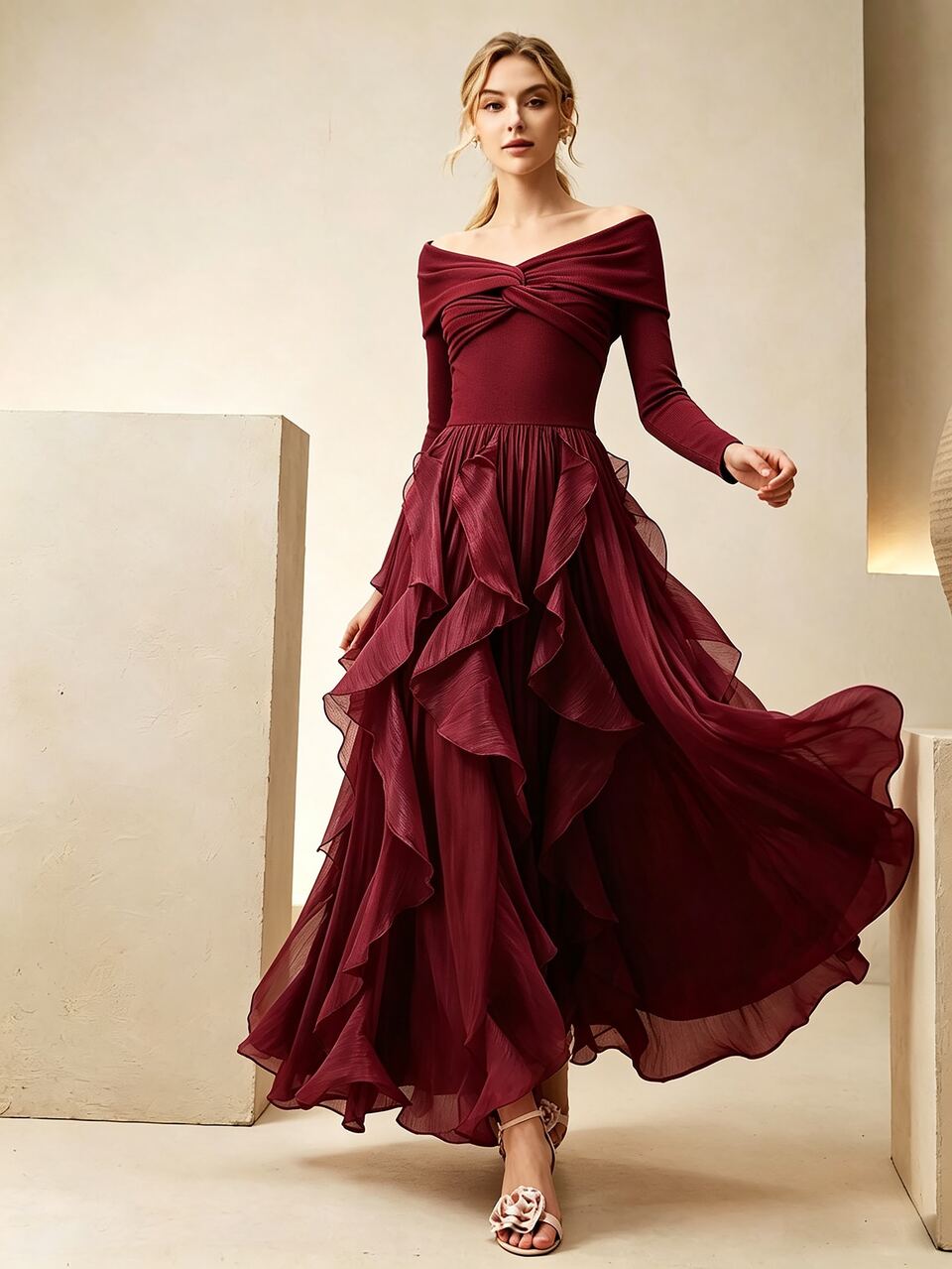 Anewsta Women's Burgundy Off The Shoulder Long Sleeve A Line Party Dress With Ruffle Hem