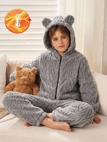 SHEIN 青少年男孩秋冬極簡風童裝紋理毛絨長袖連帽拉鍊開襟親膚柔軟法蘭絨居家連身衣 - 深灰色 - 查看 5