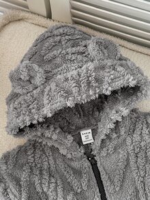 SHEIN 青少年男孩秋冬極簡風童裝紋理毛絨長袖連帽拉鍊開襟親膚柔軟法蘭絨居家連身衣 - 深灰色 - 查看 3