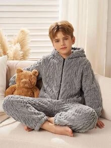 SHEIN 青少年男孩秋冬極簡風童裝紋理毛絨長袖連帽拉鍊開襟親膚柔軟法蘭絨居家連身衣 - 深灰色 - 查看 1