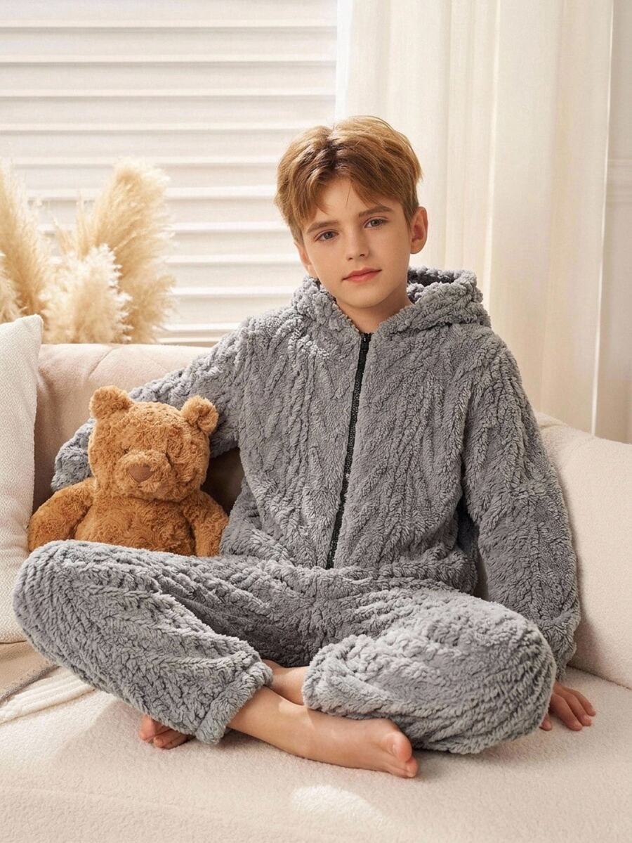 SHEIN 青少年男孩秋冬極簡風童裝紋理毛絨長袖連帽拉鍊開襟親膚柔軟法蘭絨居家連身衣 - 深灰色 - 查看 1