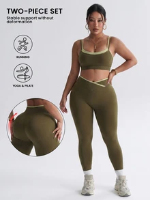 SHEIN Rhythm Era 女款大尺碼無縫高彈力運動套裝，健身休閒日常健身收腰提臀套裝 - 軍綠色 - 查看 3