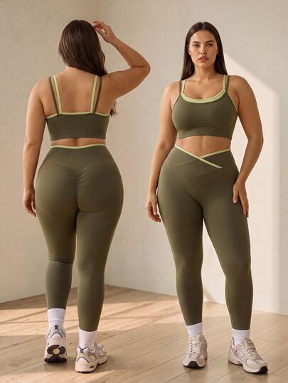 SHEIN Rhythm Era Set sportiv pentru femei, mărimi mari, fără cusături, cu elasticitate ridicată, pentru fitness, casual și antrenamente zilnice, cu talie strânsă și efect de ridicare a feselor