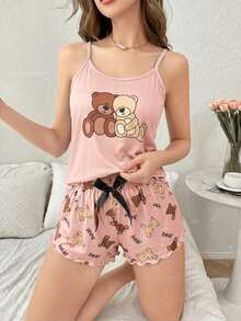 SHEIN 2pcs Bear Print Camisole And Shorts Pajama Set - Multicolor - View 5