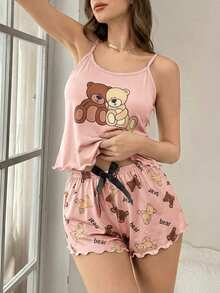 SHEIN 2pcs Bear Print Camisole And Shorts Pajama Set - Multicolor - View 6