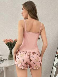 SHEIN 2pcs Bear Print Camisole And Shorts Pajama Set - Multicolor - View 2