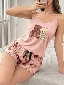SHEIN 2pcs Bear Print Camisole And Shorts Pajama Set - Multicolor - View 1