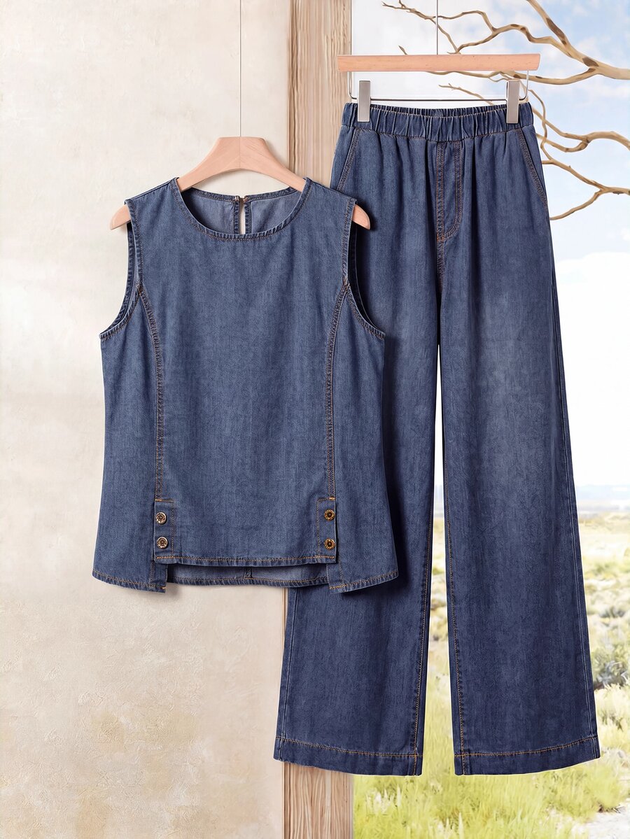 EMERY ROSE EMERY ROSE Women's Vacation Casual Vest Long Pants Denim Set Summer Everyday Going Out Blue