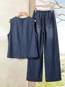 EMERY ROSE EMERY ROSE Women's Vacation Casual Vest Long Pants Denim Set Summer Everyday Going Out Blue - Dark Wash - View 3