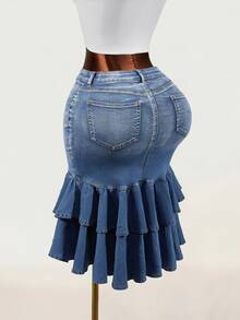 SHEIN 女款時尚牛仔裙，附口袋與荷葉邊下擺 - 卡其色 - 查看 2