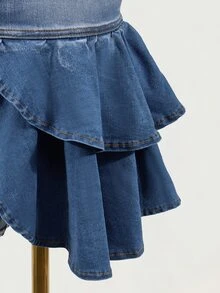 SHEIN 女款時尚牛仔裙，附口袋與荷葉邊下擺 - 卡其色 - 查看 4