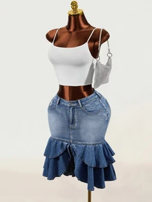 SHEIN 女款時尚牛仔裙，附口袋與荷葉邊下擺 - 卡其色 - 查看 7