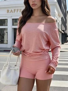 SHEIN Sports Women's Solid Color Minimalist Sporty Athleisure Long Sleeve Off-Shoulder Sports T-Shirt Workout Gym Dusty Pink Autumn - Dusty Pink - View 5