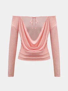 SHEIN Sports Women's Solid Color Minimalist Sporty Athleisure Long Sleeve Off-Shoulder Sports T-Shirt Workout Gym Dusty Pink Autumn - Dusty Pink - View 7