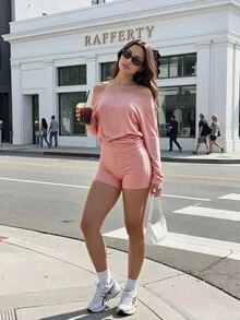 SHEIN Sports Women's Solid Color Minimalist Sporty Athleisure Long Sleeve Off-Shoulder Sports T-Shirt Workout Gym Dusty Pink Autumn - Dusty Pink - View 4