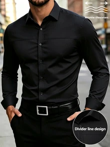 Manfinity Bizformal 男士黑色長袖抗皺商務休閒時尚修身純色襯衫 - 黑色 - 查看 5