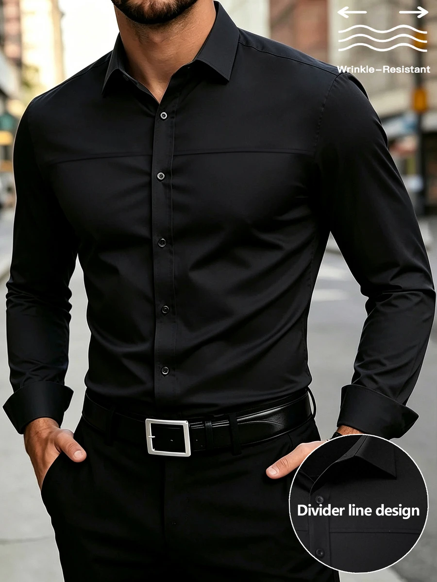 Manfinity Mode Men's Black Long Sleeve Wrinkle-Resistant Business Casual Fashion Slim Fit Solid Color Shirt - Black - View 1