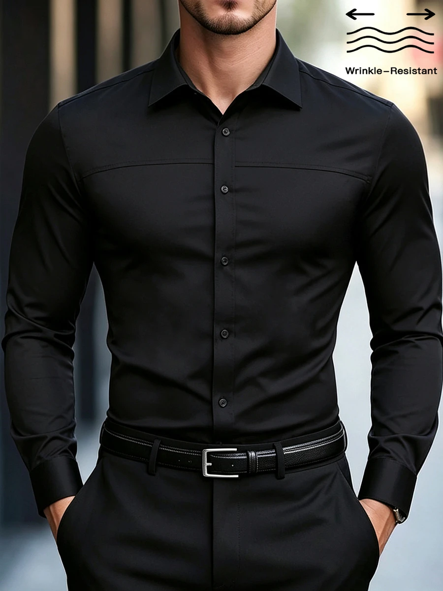 Manfinity Bizformal 男士黑色長袖抗皺商務休閒時尚修身純色襯衫 - 黑色 - 查看 1
