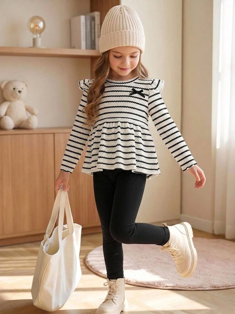 2pcs Girl Casual Sporty Knit Letter Print Ruffle Button Front Long Sleeve Lapel Loose Green Sweatshirt Warm Fleece Lined Back To School Daily Winter - Black and White - View 1