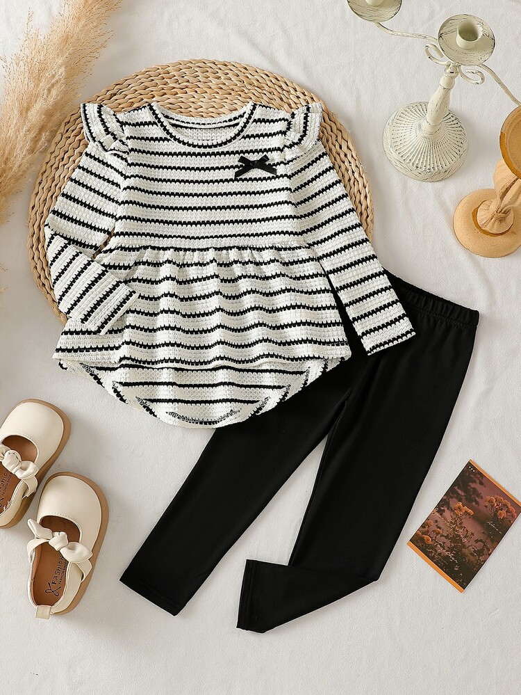 2pcs Girl Casual Sporty Knit Letter Print Ruffle Button Front Long Sleeve Lapel Loose Green Sweatshirt Warm Fleece Lined Back To School Daily Winter - Black and White - View 6