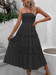 Breezaya Solid Color Lace Patchwork Strapless Dress - Black - View 7