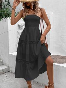 Breezaya Solid Color Lace Patchwork Strapless Dress - Black - View 5