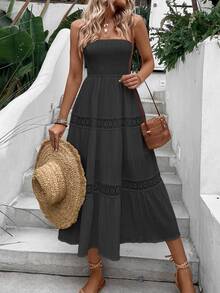 Breezaya Solid Color Lace Patchwork Strapless Dress - Black - View 4