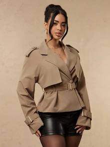 Silquee Women's Solid Color Raglan Long Sleeve Double-Breasted Casual Trench Coat - Khaki - View 6