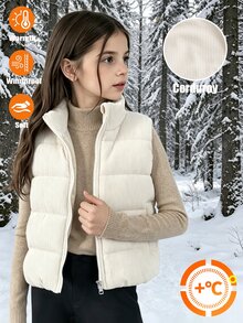 SHEIN 青少年女孩冬季休閒百搭無袖外套 - 米色 - 查看 4