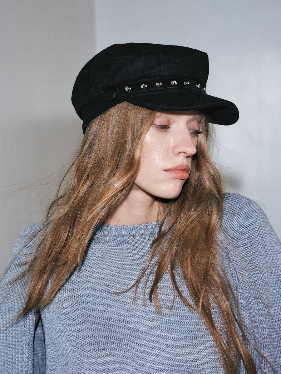 Noxbound 1pc Women Rivet Chain Sailor Cap Beret Hat, Street Chic Casual Flat Top Hat For Outdoor Travel Beach Party, Suitable For Fall & Winter Halloween - Black - View 1