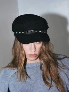 Noxbound 1pc Women Rivet Chain Sailor Cap Beret Hat, Street Chic Casual Flat Top Hat For Outdoor Travel Beach Party, Suitable For Fall & Winter Halloween - Black - View 3