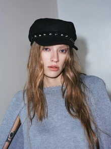 Noxbound 1pc Women Rivet Chain Sailor Cap Beret Hat, Street Chic Casual Flat Top Hat For Outdoor Travel Beach Party, Suitable For Fall & Winter Halloween - Black - View 5