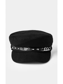 Noxbound 1pc Women Rivet Chain Sailor Cap Beret Hat, Street Chic Casual Flat Top Hat For Outdoor Travel Beach Party, Suitable For Fall & Winter Halloween - Black - View 2