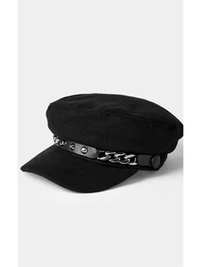 Noxbound 1pc Women Rivet Chain Sailor Cap Beret Hat, Street Chic Casual Flat Top Hat For Outdoor Travel Beach Party, Suitable For Fall & Winter Halloween - Black - View 4