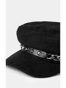 Noxbound 1pc Women Rivet Chain Sailor Cap Beret Hat, Street Chic Casual Flat Top Hat For Outdoor Travel Beach Party, Suitable For Fall & Winter Halloween - Black - View 7