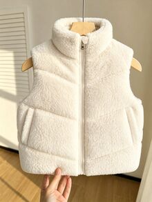 SHEIN 女童白色抓絨加厚背心，秋季服飾，立領拉鍊仿羊羔絨無袖背心，寬鬆版型柔軟蓬鬆休閒層搭背心 - 白色 - 查看 3
