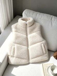 SHEIN 女童白色抓絨加厚背心，秋季服飾，立領拉鍊仿羊羔絨無袖背心，寬鬆版型柔軟蓬鬆休閒層搭背心 - 白色 - 查看 6