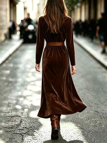 SHEIN Western Style Lapel Long Sleeve Shirt Dress For Women, Vintage Velvet Cinched Waist Ruched Slit Long Dress - Coffee Brown - View 3