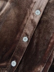SHEIN Western Style Lapel Long Sleeve Shirt Dress For Women, Vintage Velvet Cinched Waist Ruched Slit Long Dress - Coffee Brown - View 4
