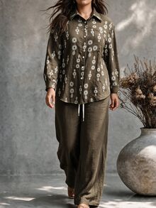 Ceyna 大尺碼女款法式休閒波希米亞復古優雅長袖襯衫與長褲兩件套 秋季度假 橄欖綠 深綠色 - 咖啡棕 - 查看 4