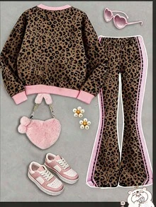 SHEIN Young Girl Leopard Print Sweatshirt & Flare Pants Set - Multicolor - View 4