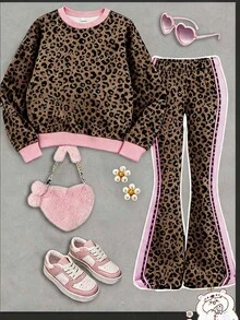 SHEIN Young Girl Leopard Print Sweatshirt & Flare Pants Set - Multicolor - View 3