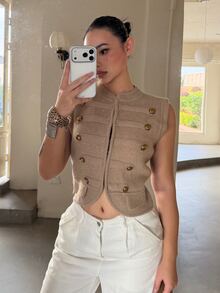 DAZY Women's Button Design Zipper Front Vest Cardigan Fall - Khaki - View 9