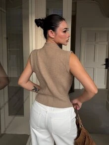 DAZY Women's Button Design Zipper Front Vest Cardigan Fall - Khaki - View 7