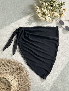 SHEIN Swim 1件度假時尚黑色夏季休閒海灘度假透視網紗比基尼罩衫裙，泳衣泳裝下身圍裙式包臀裙 - 黑色 - 查看 4