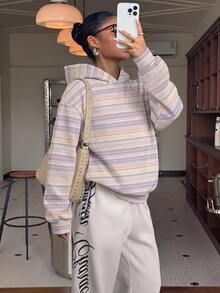 Muchica Sweatshirt Berkerudung Kasual Bergaris untuk Wanita, Serbaguna, untuk Pemakaian Sehari-hari - MultiWarna - View 6