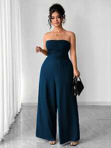 Elenzga Plus Size Women's Strapless Pleated Wide Leg Knit Jumpsuit - Navy Blue - View 7