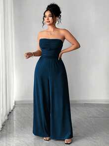 Elenzga Plus Size Women's Strapless Pleated Wide Leg Knit Jumpsuit - Navy Blue - View 6