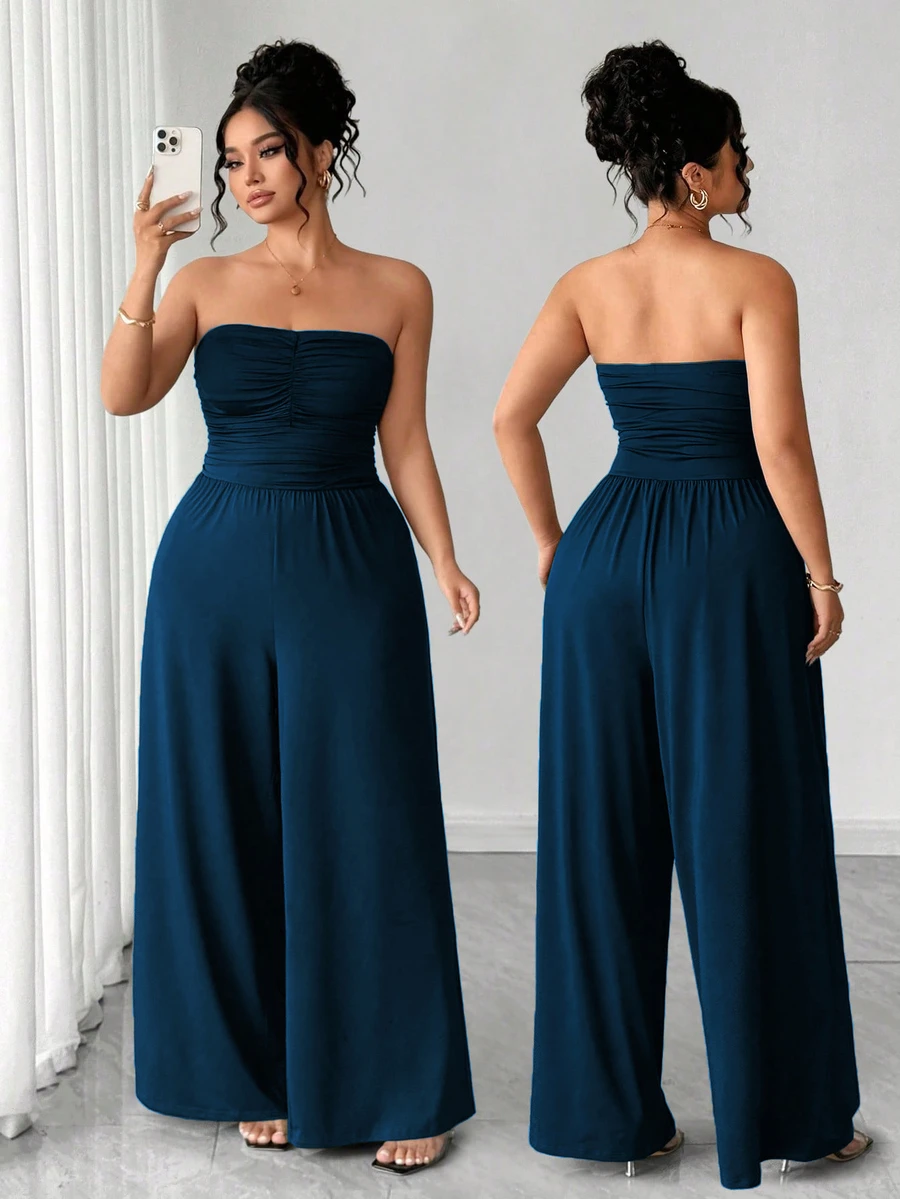 Elenzga Plus Size Women's Strapless Pleated Wide Leg Knit Jumpsuit - Navy Blue - View 1