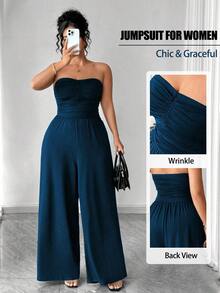 Elenzga Plus Size Women's Strapless Pleated Wide Leg Knit Jumpsuit - Navy Blue - View 3